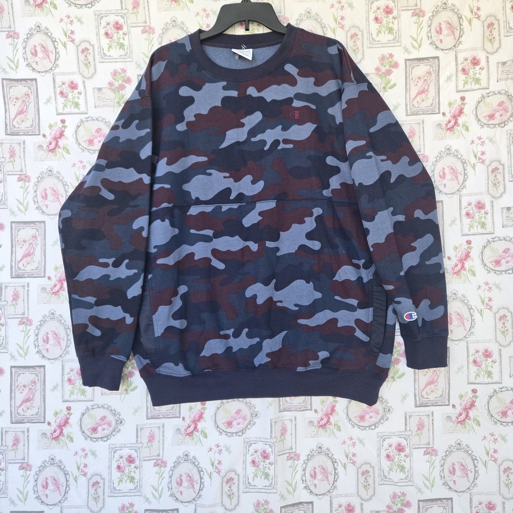 NWT Champion Blue Maroon Camouflage Sweatshirt 1XL Urban Pursuits Crewneck Top